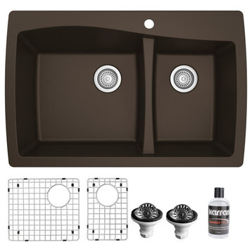 Karran Drop-In Quartz 34" 1-Hole 60/40 Double Bowl Sink Kit, Brown