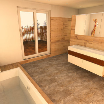 Bad mit Holzoptik Fliesen von der Wanne in Richtung Balkontüre