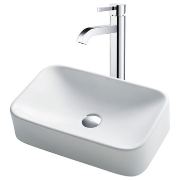 Elavo Rectangle Ceramic Vessel Sink, Bathroom Ramus Faucet, Drain, Chrome