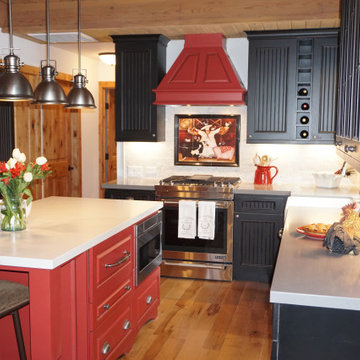 Whimsical Tahoe Cottage - under counter microwave and warming drawer in island