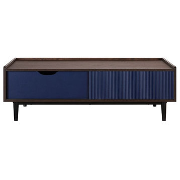 Duane Modern Ribbed Coffee Table Drawer and Shelf, Dark Brown and Navy Blue