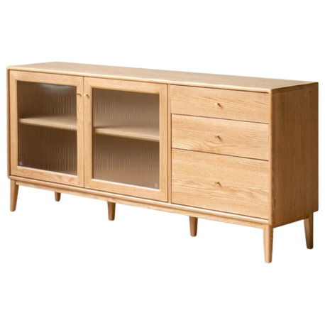 Oak Solid Wood Sideboard, Natural Wood, 59.1x15.7x31.9  in, Glass Door