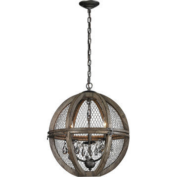 Small Renaissance Invention Wood And Wire Chandelier - Aged Wood,Bronze,Clear Cr