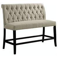 Rustic Counter Height Bench With Cushioned Linen Upholstery, Weathered Wood Legs