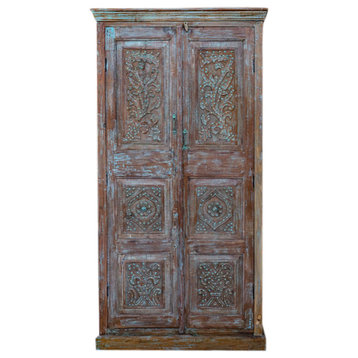 Consigned Rustic Antique Armoire From India, Carved Brass Studs Wardrobe
