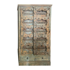 Consigned Antique Haveli Door Cabinet Blue Rustic Patina, Huge Wine Chest