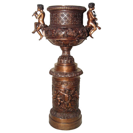 Large Decorative Bronze Urn With Cherub Handles