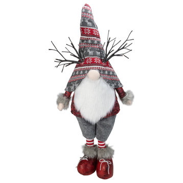 30" Red and Gray Nordic Hat Standing Christmas Gnome With LED Antlers