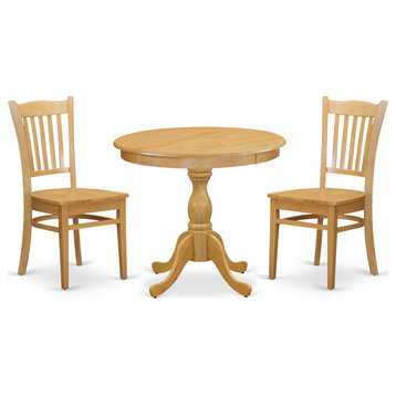 3 Pc Dining Set, 1 Round Pedestal Table, 2 Oak Chairs, Slatted Back, Oak Finish