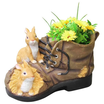 Two Rabbits Nested in Shoe Flower Pot