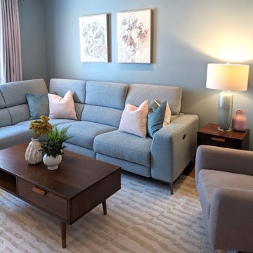Living room in serene pastels in Anjou, Quebec