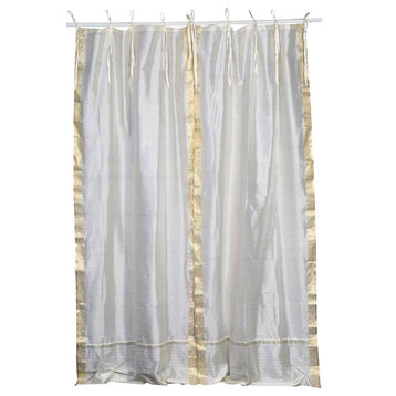 Cream  Tie Top  Sheer Sari Curtain / Drape / Panel   - 80W x 120L - Pair