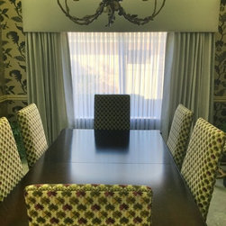 Decorative drapery panels, sheers, and a fabric-wrapped cornice. - Curtains