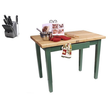 John Boos Maple Classic Country 48x36 Table and Henckels Knife Set, Basil, No Shelves, No Drawer, Casters