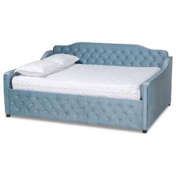 Transitional Light Blue Velvet Fabric Upholsterd Button Tufted Queen Size Daybed