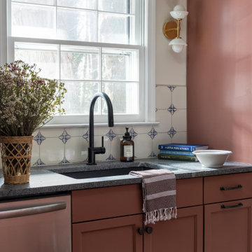 Modern Blue Ceramic Tile Kitchen with Patterned Backsplash