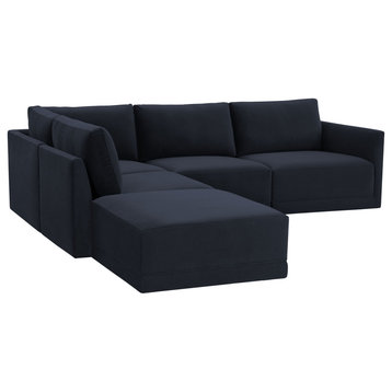 Flix Modular Velvet Sectional Sofa, Modern 5 Piece LAF Sectional Couch Set, Navy