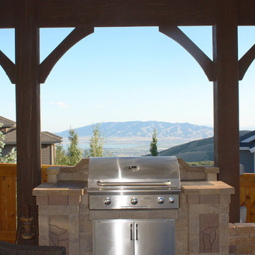 Timber Pavilion w/ Fireplace, Waterfall Fountains & BBQ Bar