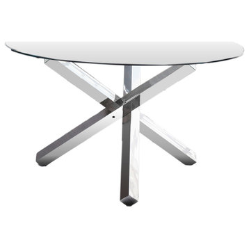 Tracy Modern Glass With Stainless Steel Round Dining Table, Silver