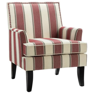 Classic Accent Chair, Padded Seat With Low Arms & Nailhead, White Red Striped