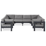 Meridian Furniture - Nizuc Water Resistant Patio U-Shaped Modular Sectional, Gray, 8-Piece: 4 Armless Chair, 4 Corner Chair, Dark Gray Aluminum Frame - Pick and choose your favorites from the Nizuc collection to create a modular seating group the whole gang will enjoy. The sturdy aluminum frame provides dependable support for friends and family as they relax and unwind, and the resilient grey water resistant fabric stands up to the elements without losing its beautiful demeanor, so you can count on it lasting for the long haul. Latches beneath these seating pieces help you easily attach them to one another for convenient setup.