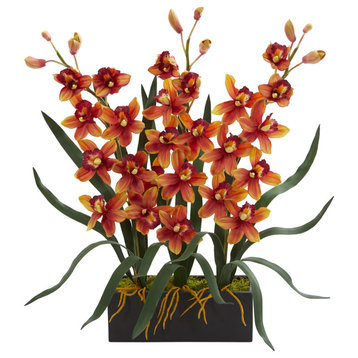 Cymbidium Orchid Artificial Arrangement in Black Vase, Burgundy