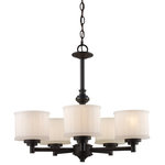 Trans Globe Lighting - Cahill Chandelier, 24" - The Cahill 24" wide Chandelier illuminates any room it is placed in and provides an elegant look to the living space. The body of the chandelier stands out among decor with its bold and glamorous design. Cool sleek sophistication defines this five light chandelier. Understated mounting hardware and frame complement the White Frost glass drum shades.