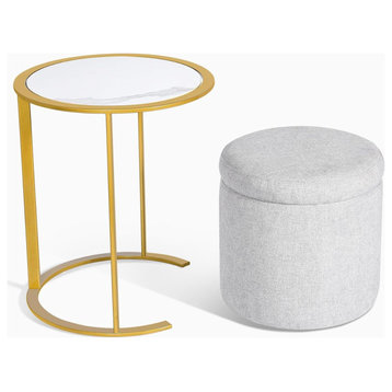 Minimalistic End Table With Nesting Storage Ottoman, Golden Frame & Round Top