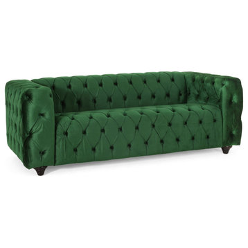 Contemporary Classic Sofa, Padded Button Tufted Seat, Emerald Velvet