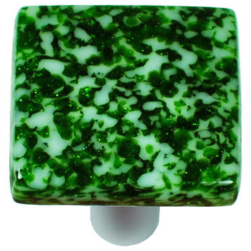 Art Glass Square Knob, Black Post, Granite, Light Metallic Green & White