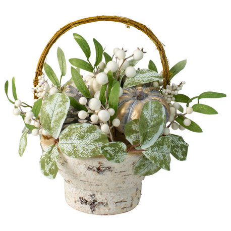 13" Pumpkin Berries and Leaves Artificial Fall Harvest Twig Basket