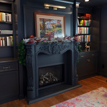 Monochromatic Fireside Elegance: A Radiant Transformation with Built-in Shelving