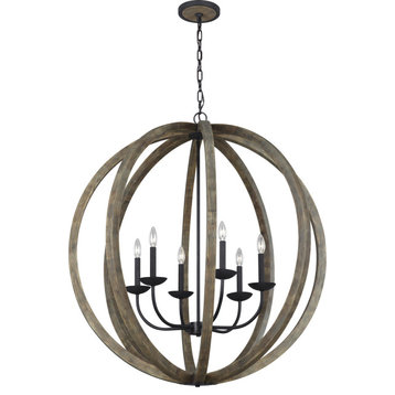 Allier Pendant Chandelier - Weathered Oak Wood, Antique Forged Iron, 6