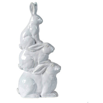 Ceramic Stacking 3 Rabbits Statue 8x4.5x17"