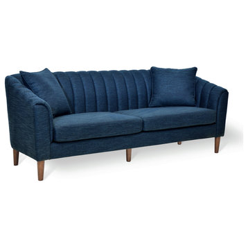 Contemporary Sofa, Cushioned Seat & Rounded Back With Channel Tufting, Navy Blue