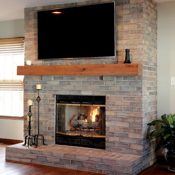 Rustic Mantel and Whitewashed Brick Fireplace