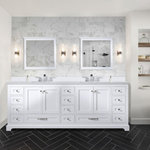Lexora - Dukes Bath Vanity, White, 84", Quartz Top, Vanity, Countertop, and Sink - The Dukes collection was designed having in mind the perfect balance between functionality and style, nicely complimenting a variety of bathroom decors and blending in with contemporary, modern, minimalist or Scandinavian displays. Available in 4 different sizes and beautiful neutral colors, with Marble and Quartz countertop options, this deluxe cabinet features an 8-inch widespread faucet, ensuring a hassle-free installation ideal for the DIY-er enthusiast! The multiple storage spaces easily accommodate your bathroom essentials, while the unique finishes and design add a sophisticated, elegant touch to your washroom. Designed having in mind the perfect balance between functionality and style, nicely complimenting a variety of bathroom decors and blending in with contemporary, modern, minimalist or Scandinavian displays.