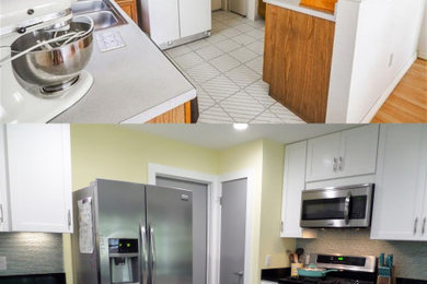 Enclosed kitchen - small modern u-shaped ceramic tile and gray floor enclosed kitchen idea in Austin with an undermount sink, shaker cabinets, white cabinets, quartz countertops, green backsplash, glass tile backsplash, stainless steel appliances, a peninsula and black countertops