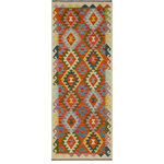 Bareens Designer Rugs - Bohemian Turkish Kilim Walker Hand-Woven Wool Runner - 2'7'' x 6'5'' - Elevate the elegance of your home with this stunning hand-woven tribal Kilim wool rug. Meticulously crafted on a loom by the Nomad Turkman people using hand-spun wool and 100% natural vegetable dyes, these rugs are recognized for their repetitive geometric patterns, incorporating naturalistic floral and traditional designs. The contemporary fashion palette results in bold, sharp patterns that are incredibly versatile, as the pattern is the same on both sides. These reversible rugs feature a lighter shade on one side and brighter colors on the other, providing versatility according to preference. These unique rugs are made by knotting short strands of different colors onto the warps and securing them by tightly pressing the wefts. The designs are created by interweaving the various colored wefts and warps. Kilims are known for their exceptional durability and versatility, making them truly unique rugs.  Product Details    Rug Size: 2'7'' x 6'5''  Material: 100% Wool  Style: Kilim, Flat Weave, Dhurrie, Turkish, Southwestern, Rustic, Tribal  Colors: Rust, Beige  Weave Type: Hand-Woven, Handmade  Pile Height: Less than 0.25 inch