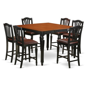 Counter Height Set, Square Table and 6 Kitchen Chairs, Black Cherry Faux Leather