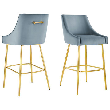 Bar Stool Chair Barstool, Set of 2, Blue, Velvet, Modern, Mid Century Lounge