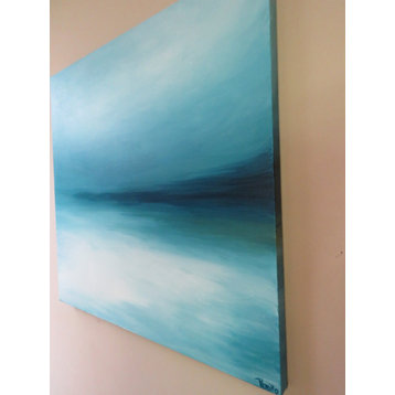 Seascape Abstract Painting, Canvas and Acrylic, Blues and White, 36"x36"