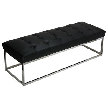Biago Contemporary Oversized Tufted Long Bench, Black Leather Like Vinyl