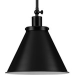 Progress Lighting - Hinton 1-Light Matte Black Industrial Pendant Light - Enjoy focused task lighting with the Hinton Collection 1-Light Matte Black Industrial Pendant Light. A light source glows from within the hanging light's signature metal shade that fosters the design's industrial aesthetic. The vintage metal shade is coated in a sleek matte black finish for modern industrial character. The light base attaches to a metal stem that suspends from the ceiling plate. For ideal illumination, use 1 medium base bulb that is sold separately (100w max - LED/CFL/incandescent). The hanging light is compatible with dimmable bulbs. Incorporate clear light bulbs for a pinch of contemporary shine or opt for vintage bulbs to enhance the light fixture's rustic demeanor. The pendant's industrial design is ideal for any foyer, dining room, kitchen, breakfast nook, entryway, living room, or bedroom in coastal, farmhouse, transitional, or vintage electric style settings. It's time to breathe new life into the mundane every day with timeless and truly transformative bathroom lighting. Make your purchase today to begin your journey to a whole new lighting experience. Progress Lighting products are designed for exceptional quality, reliability, and functionality.