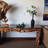 Teak Wood Root Rustic Console Table With Glass Top, 72"