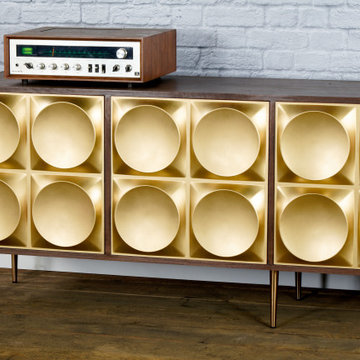 Modern Credenza with gold doors. Mid century modern, walnut sideboard, Hollywood