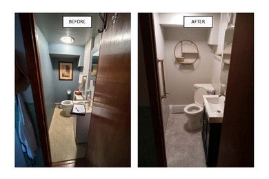 Small elegant 3/4 laminate floor bathroom photo in Chicago with a two-piece toilet, a console sink, white countertops and a built-in vanity