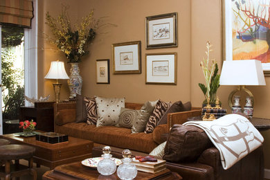 Mid-sized eclectic formal and enclosed carpeted living room photo in New York with beige walls