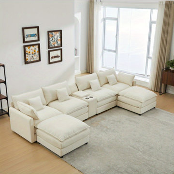4-Piece U-Shaped Chenille Sectional Sofa with Cup Holders