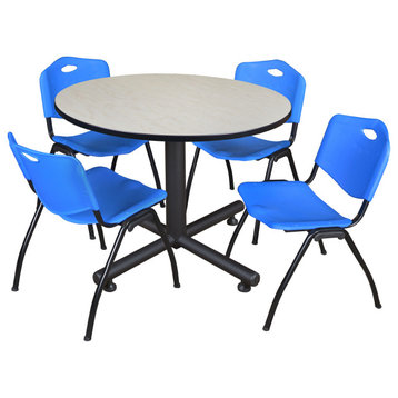 Kobe 48" Round Breakroom Table- Maple & 4 'M' Stack Chairs- Blue